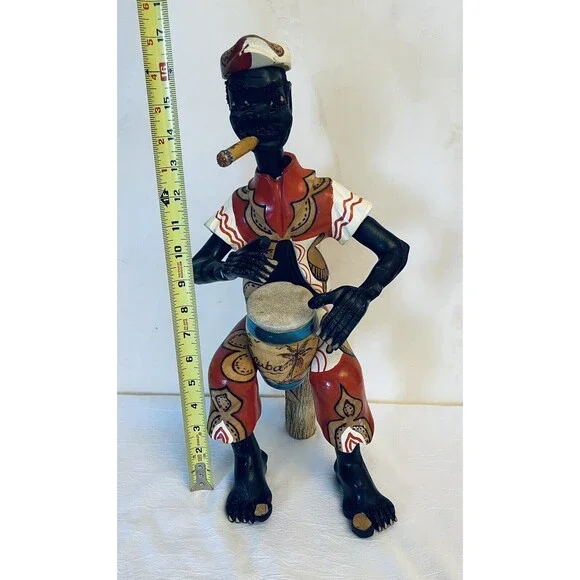 CUBA Folk Art Man Musician Drummer Hand-Carved Hand-Painted 17 WOOD Sculpture